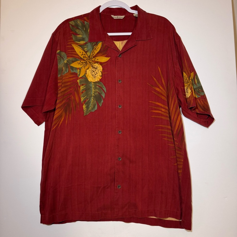 Tommy Bahama Burgundy Red Tropical Floral Camp Shirt with Yellow Accents